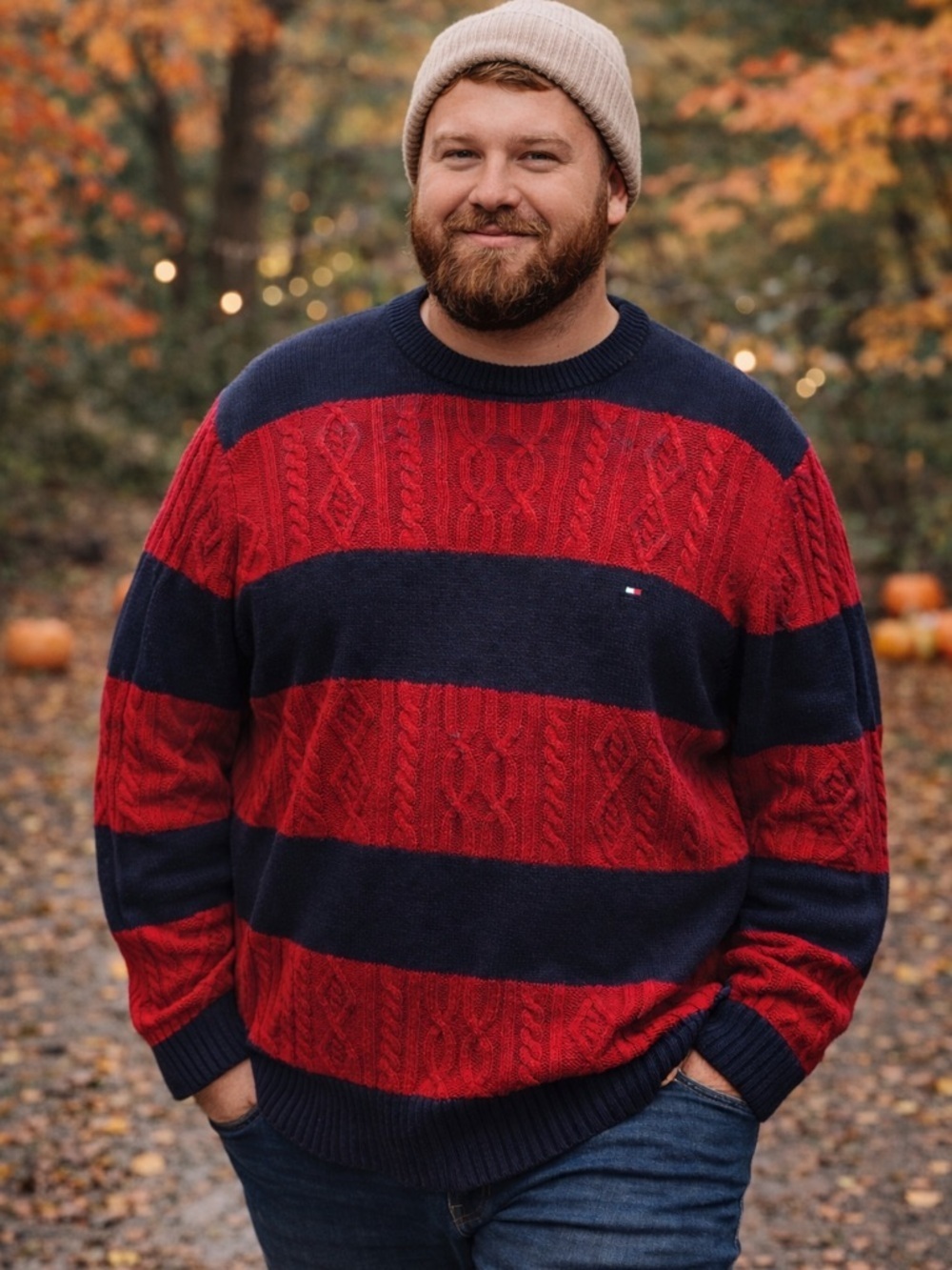 Tommy Hilfiger Cable Knit Sweater XXL Red Navy Striped Classic Logo